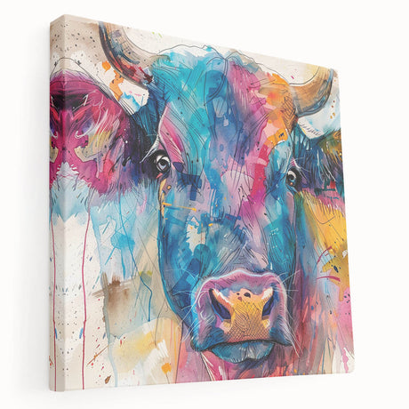 Stretched canvas wall art showcasing a side view of a detailed cow design, featuring earthy tones and intricate patterns, perfect for rustic home decor.