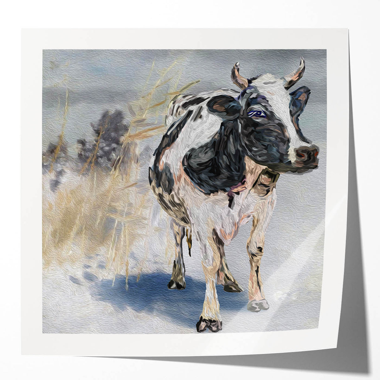 Glossy wall art print featuring a vibrant cow design, showcasing colorful patterns and textures, perfect for adding a playful touch to home decor.