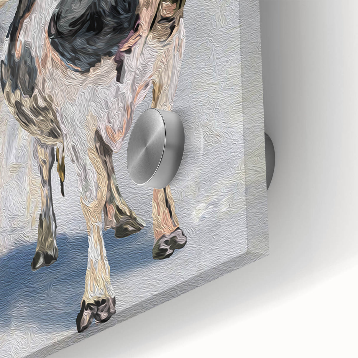 Close-up of a vibrant acrylic glass wall art piece featuring a striking cow design, showcasing intricate details and bold colors, perfect for animal lovers.