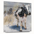 Acrylic wall art featuring a vibrant cow design from a wildlife collection, displayed in a side view with decorative pins, ideal for animal lovers' decor.