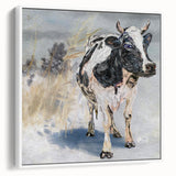 Framed wall art featuring a stylized cow design in vibrant colors, set against a white background, showcasing modern animal-themed decor for home interiors.