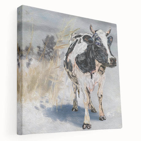 Stretched canvas wall art featuring a side view of a whimsical cow design, showcasing vibrant colors and playful patterns, ideal for animal lovers and home decor enthusiasts.
