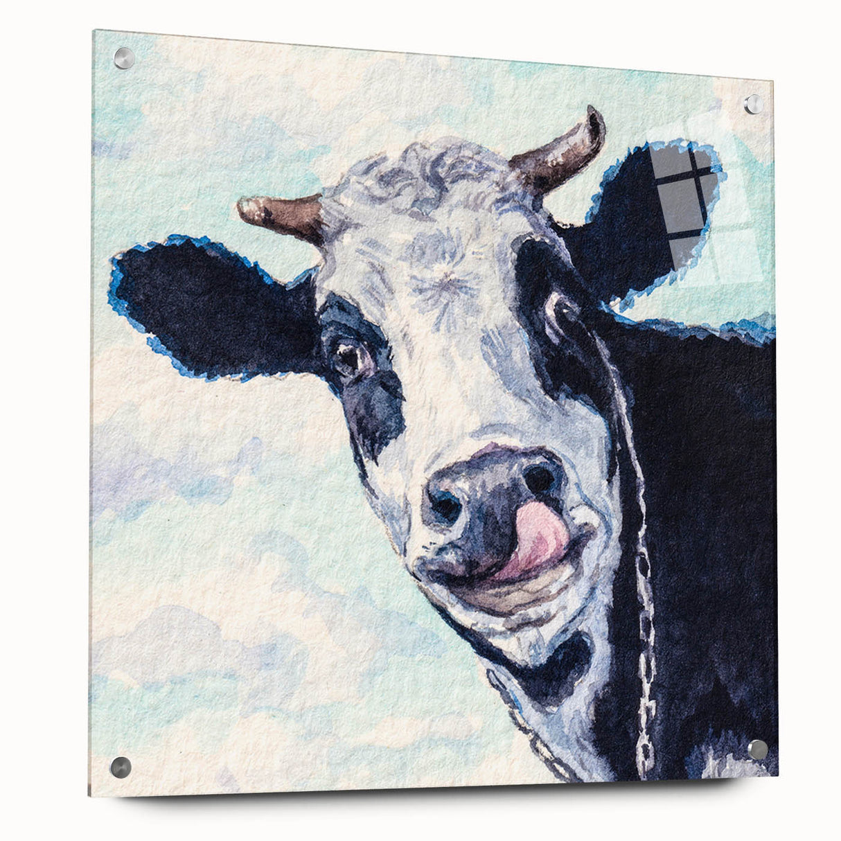 Acrylic wall art collection showcasing a vibrant cow design, displayed against a white background with stylish pins. Perfect for animal lovers and modern decor enthusiasts.