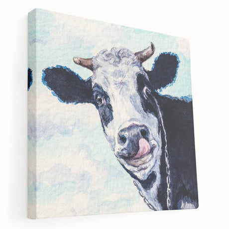 Side view of a stretched canvas featuring a vibrant cow design from the "Animals A Wild Life" wall art collection, showcasing colorful details and textures, perfect for animal lovers.