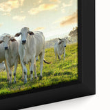 Close-up of a framed canvas featuring a vibrant cow design, showcasing intricate details in the artwork. Ideal for animal lovers and rustic decor enthusiasts.