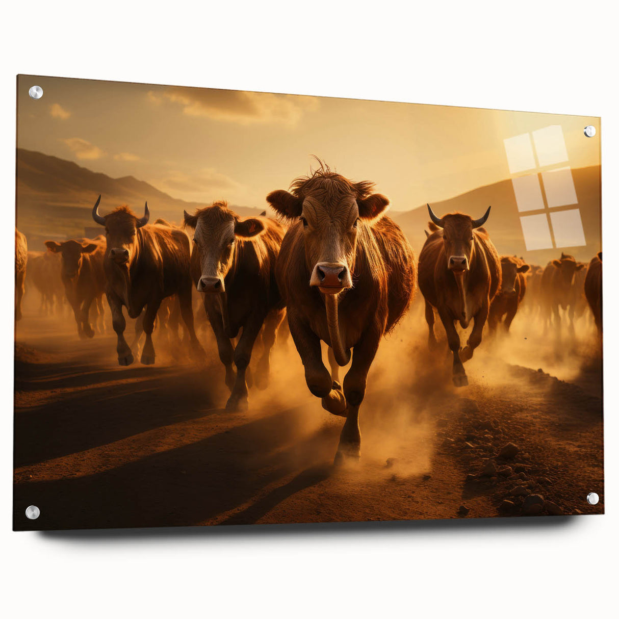 Acrylic wall art featuring a vibrant cow design from the "Animals A Wild Life" collection, displayed in a side view showcasing its glossy finish and pin mounting.