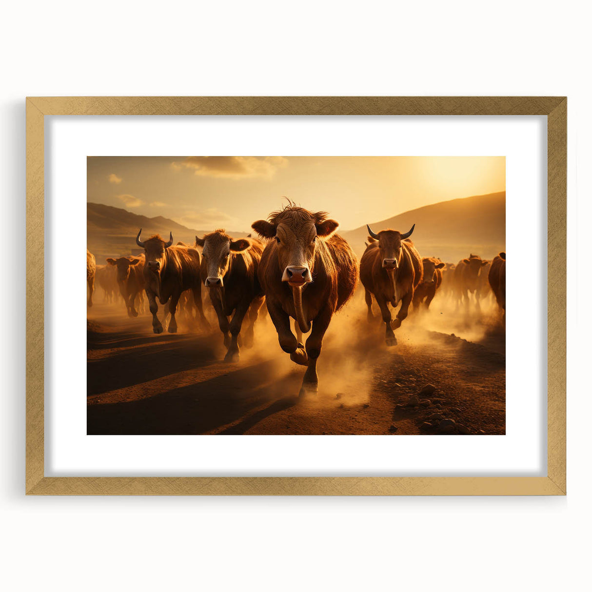 Gold-framed wall art print showcasing a whimsical cow design, featuring vibrant colors and intricate details, ideal for animal lovers and home decor enthusiasts.