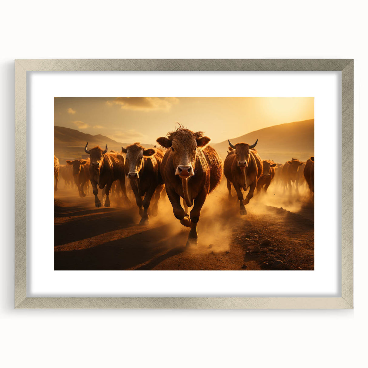 Framed wall art featuring a silver mat and a striking cow design, ideal for animal lovers and rustic decor enthusiasts, perfect for home or office display.