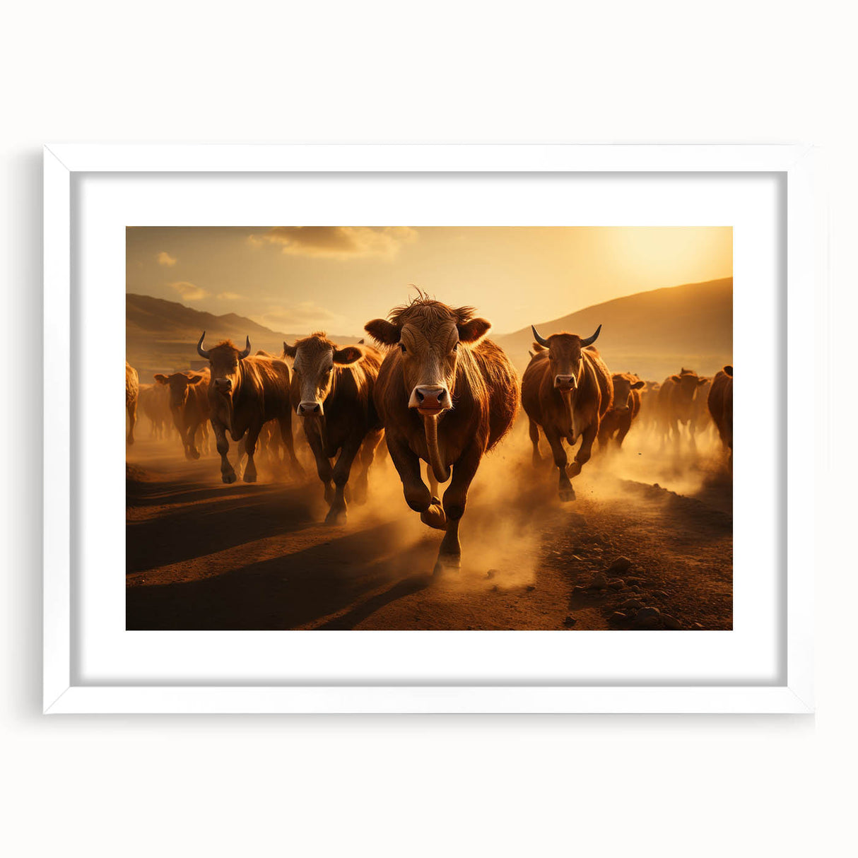 Framed wall art featuring a cow design from the "Animals A Wild Life" collection, showcasing a white mat and sleek frame, perfect for rustic or farmhouse decor.