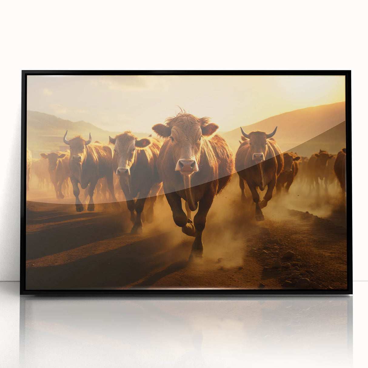 Framed acrylic wall art featuring a striking cow design from the "A Wild Life" collection. The artwork showcases a black frame, emphasizing the vibrant colors and intricate details of the cow, perfect for animal lovers and modern decor enthusiasts.