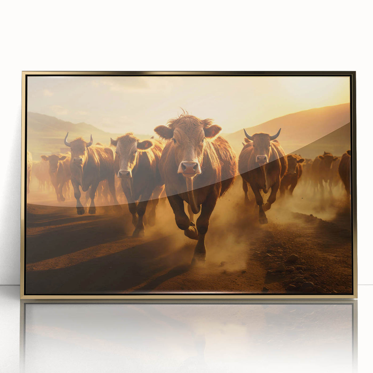 Framed wall art featuring a stunning cow design in vibrant colors, encased in acrylic with a gold frame, perfect for animal lovers and home decor enthusiasts. The piece adds a touch of elegance and nature-inspired charm to any room.