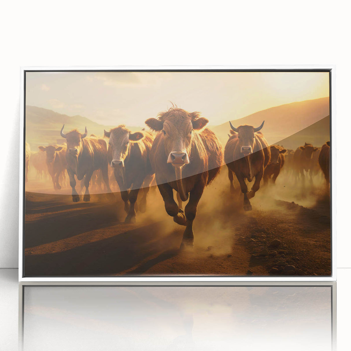 Framed acrylic wall art featuring a striking cow design, showcasing a vibrant color palette with white frame, perfect for animal-themed decor in modern spaces.