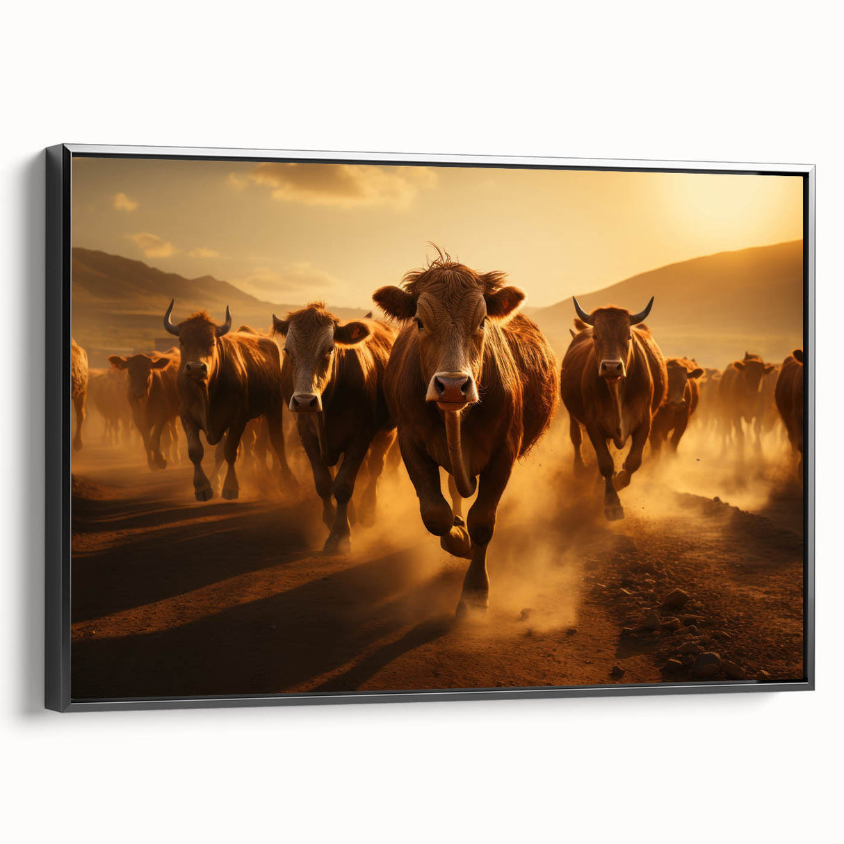 Framed wall art featuring a striking black cow design on a textured canvas, displayed from a side view, perfect for animal lovers and modern decor enthusiasts.