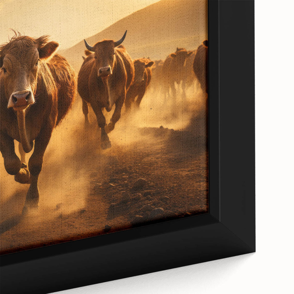Close-up of a framed canvas wall art piece featuring a detailed illustration of a cow, highlighting intricate textures and earthy tones, perfect for animal lovers and rustic decor.
