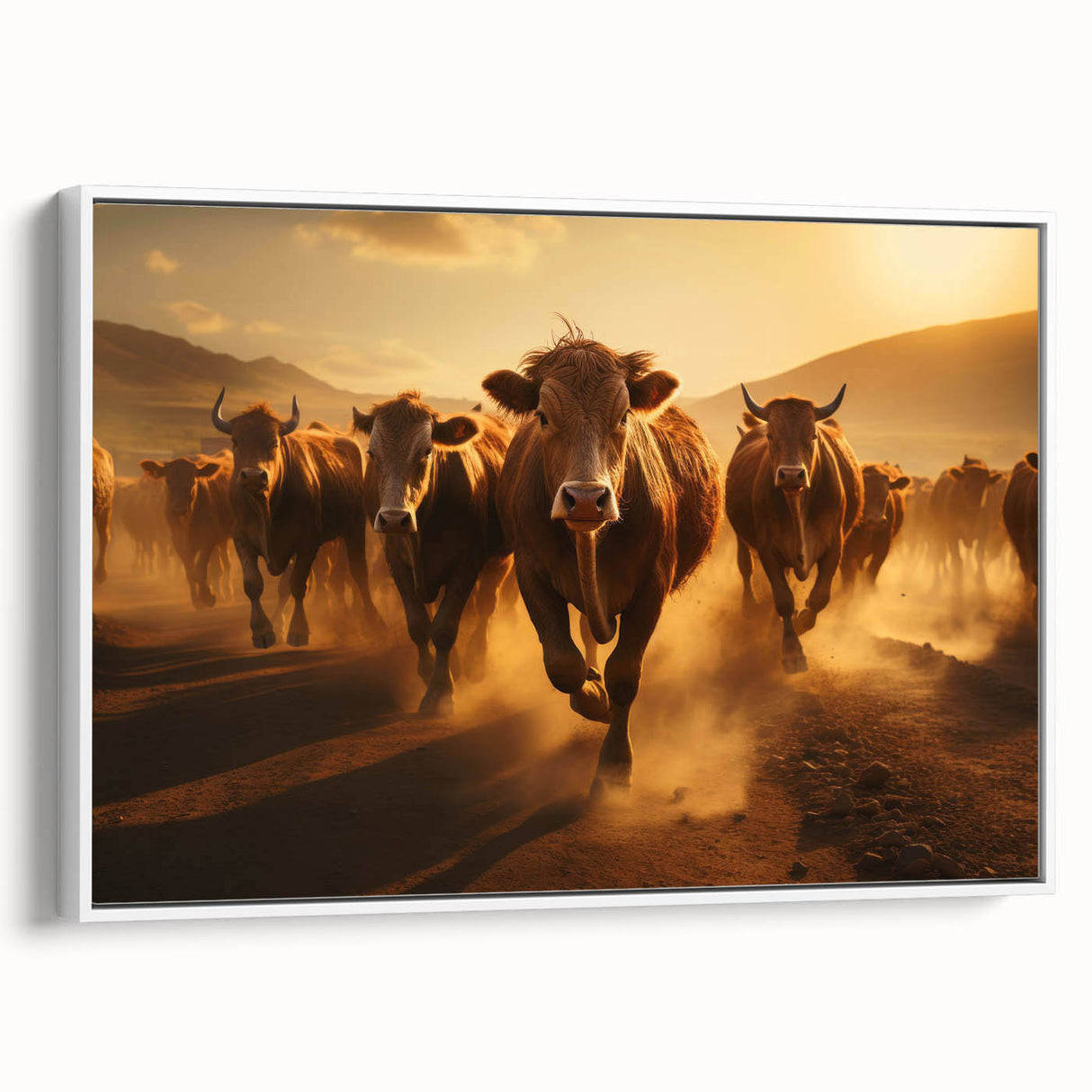 Framed canvas wall art featuring a whimsical cow design in vibrant colors, set against a white background, ideal for adding a playful touch to any room decor.