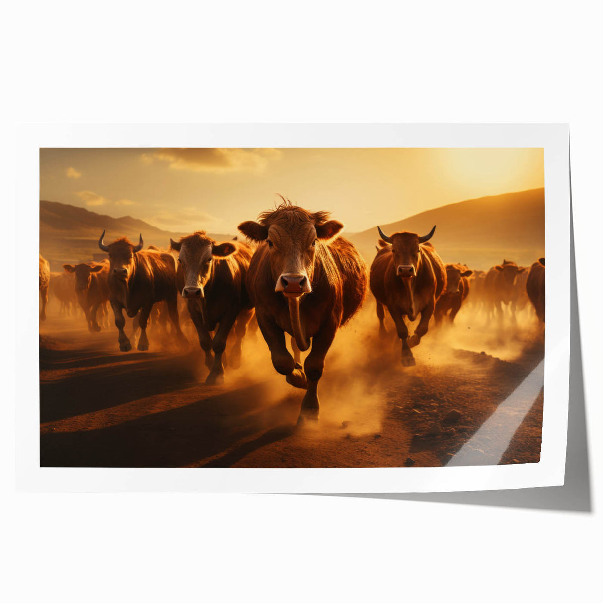 Cow-themed wall art in vibrant colors, showcasing a whimsical design of a cow in a pastoral setting, ideal for animal lovers and home decor enthusiasts. This rolled print is perfect for adding a touch of countryside charm to any room.