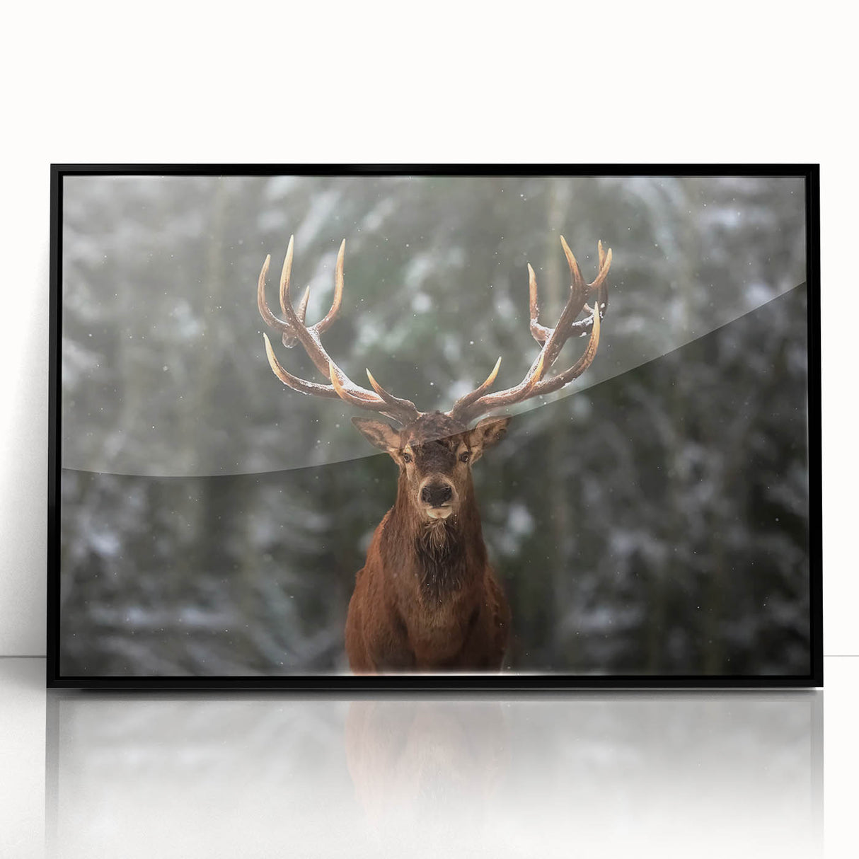 Framed wall art featuring a stunning black acrylic design of a majestic deer, showcasing intricate details and textures, ideal for enhancing home decor with a nature theme.