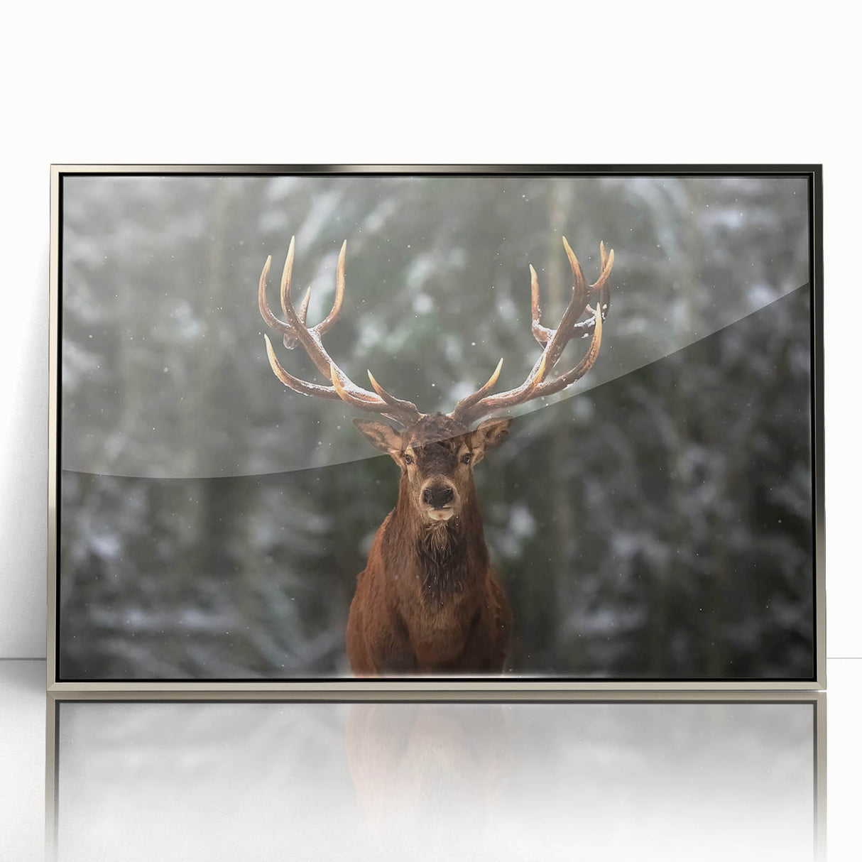 Framed wall art featuring a majestic deer design on a silver background, showcasing intricate details and vibrant colors, perfect for nature-themed home decor.