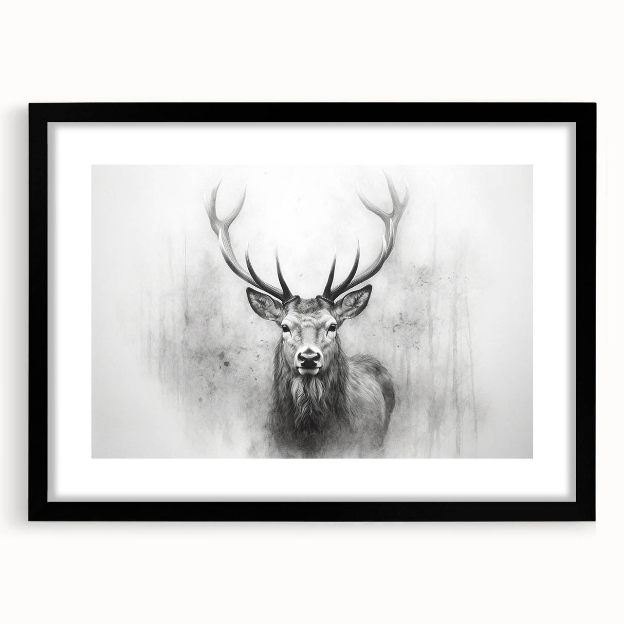 Framed wall art featuring a stunning deer design in a black frame with a mat, showcasing wildlife aesthetics for modern home decor. Perfect for nature lovers.