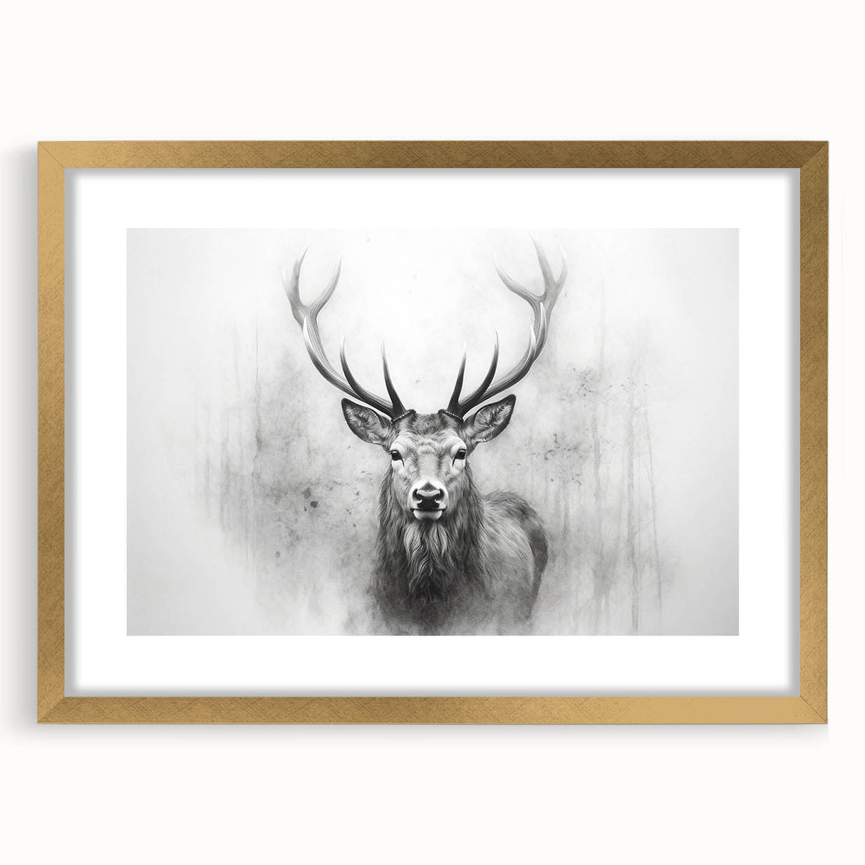 Elegant framed wall art showcasing a majestic deer design with a gold mat, perfect for nature-inspired decor. Ideal for enhancing living spaces with wildlife aesthetics.