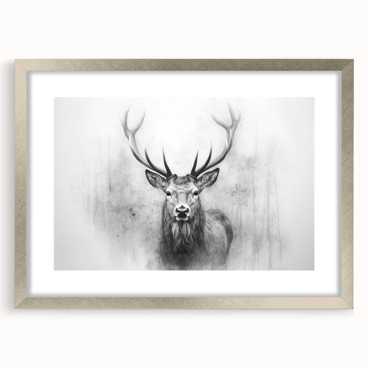 Framed wall art featuring a majestic deer design, set against a silver mat, showcasing intricate detailing and elegant craftsmanship. Ideal for nature-inspired decor.
