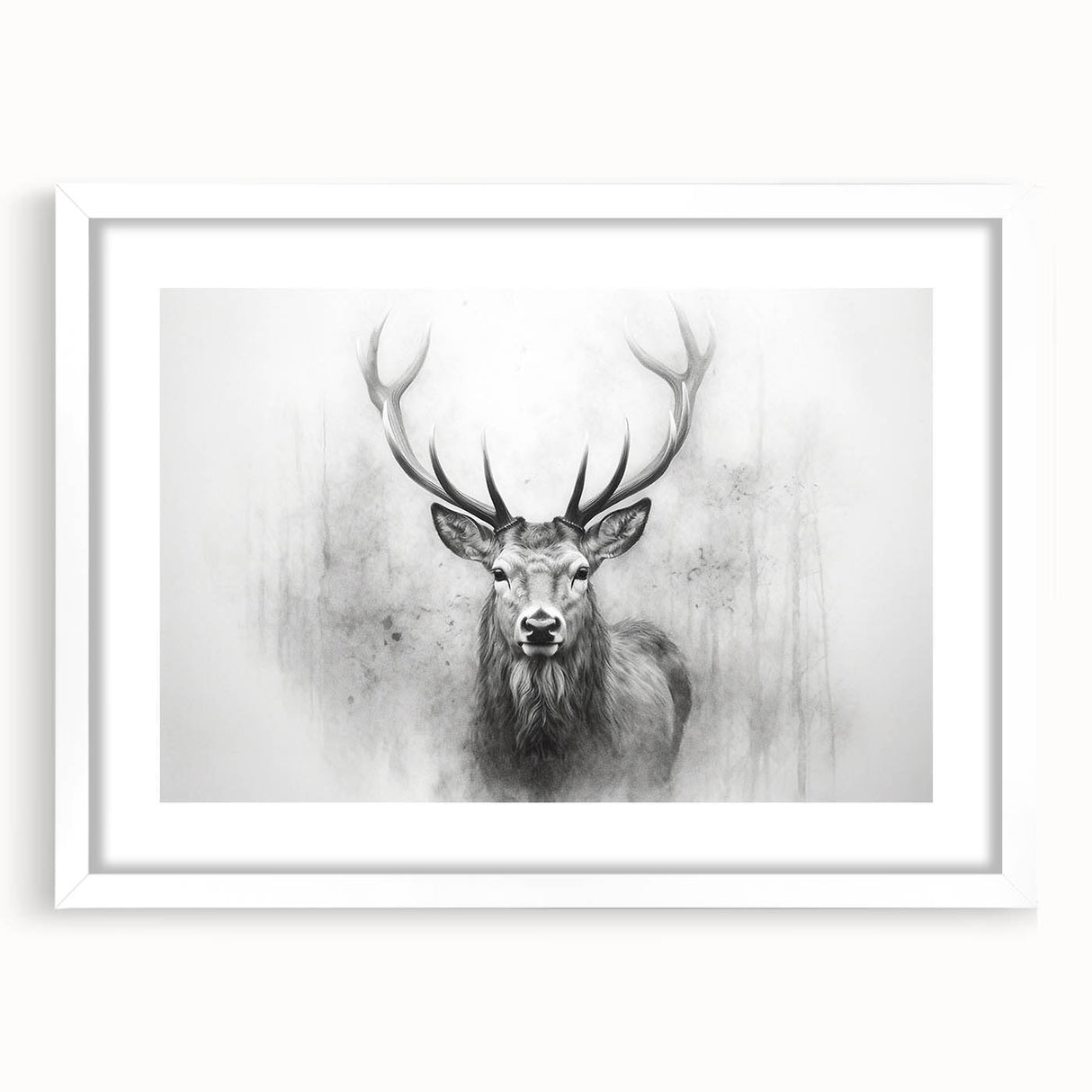 Framed wall art featuring a beautiful deer design in a natural setting, presented with a white mat and sleek frame, ideal for nature-themed home decor.