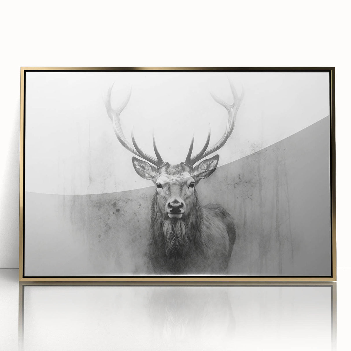 Framed acrylic wall art featuring a striking gold-decorated deer design, showcasing a majestic front view, perfect for nature-inspired home decor.