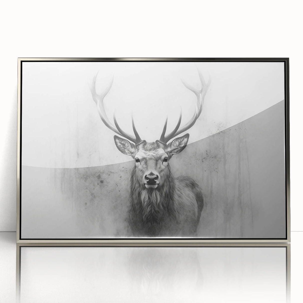 Framed wall art featuring a striking deer design, set in a silver frame with acrylic front, perfect for adding a touch of nature-inspired elegance to home decor.