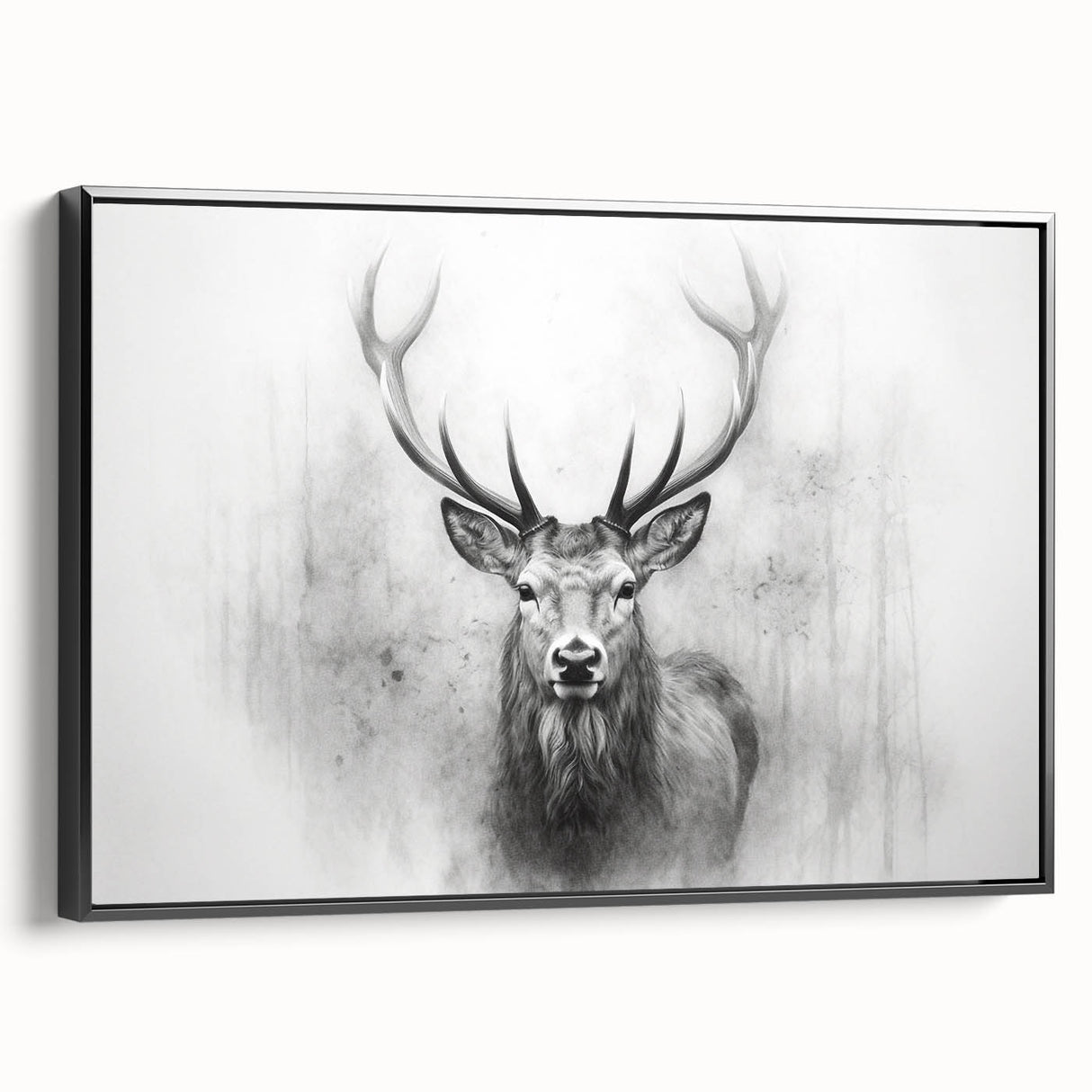 Framed wall art featuring a striking deer design in a black frame, showcasing vibrant colors and intricate details, perfect for nature-inspired decor. This piece adds a touch of wilderness to any interior space.