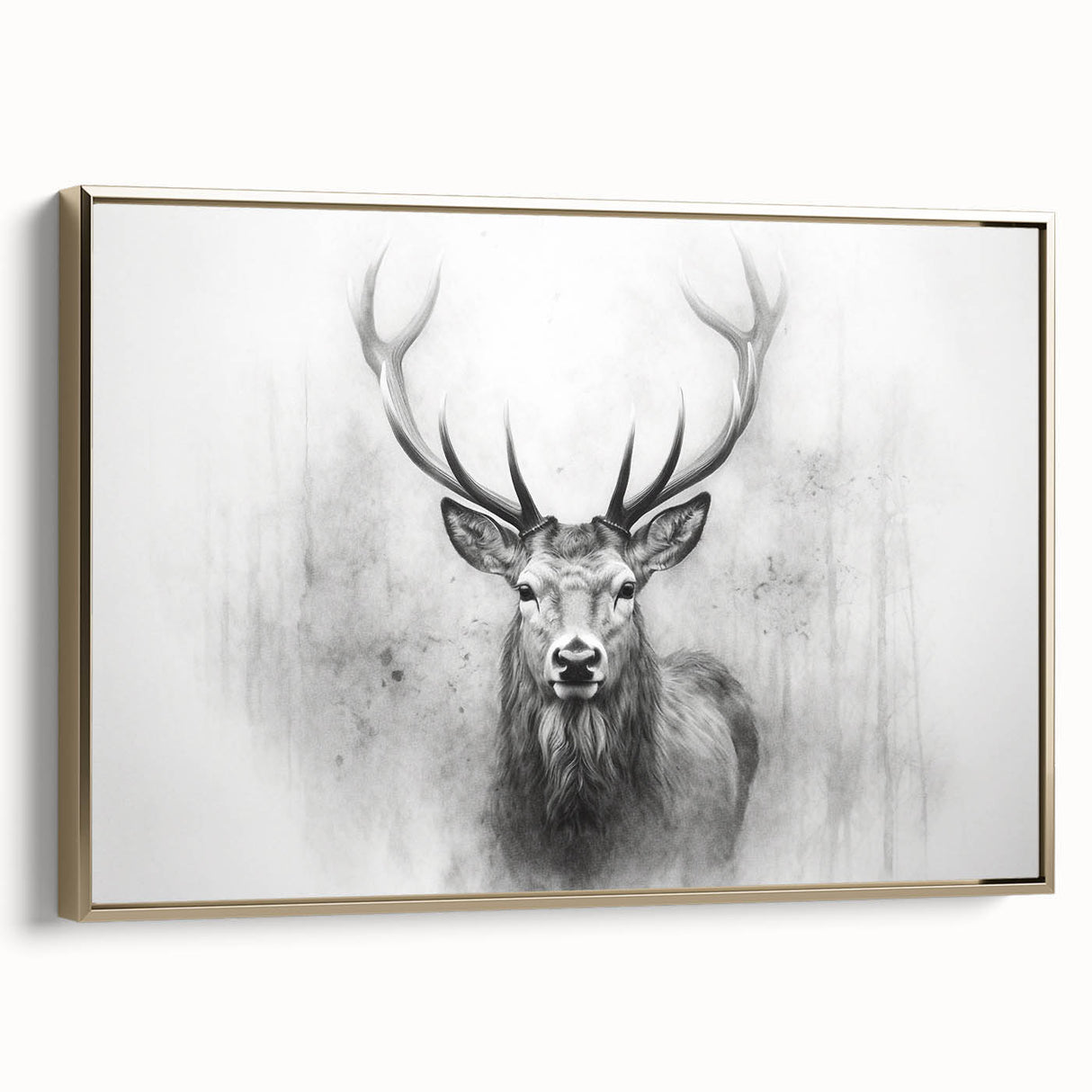 Framed wall art showcasing a majestic deer design in a gold frame, perfect for nature lovers and home decor enthusiasts, highlighting wildlife elegance and beauty.