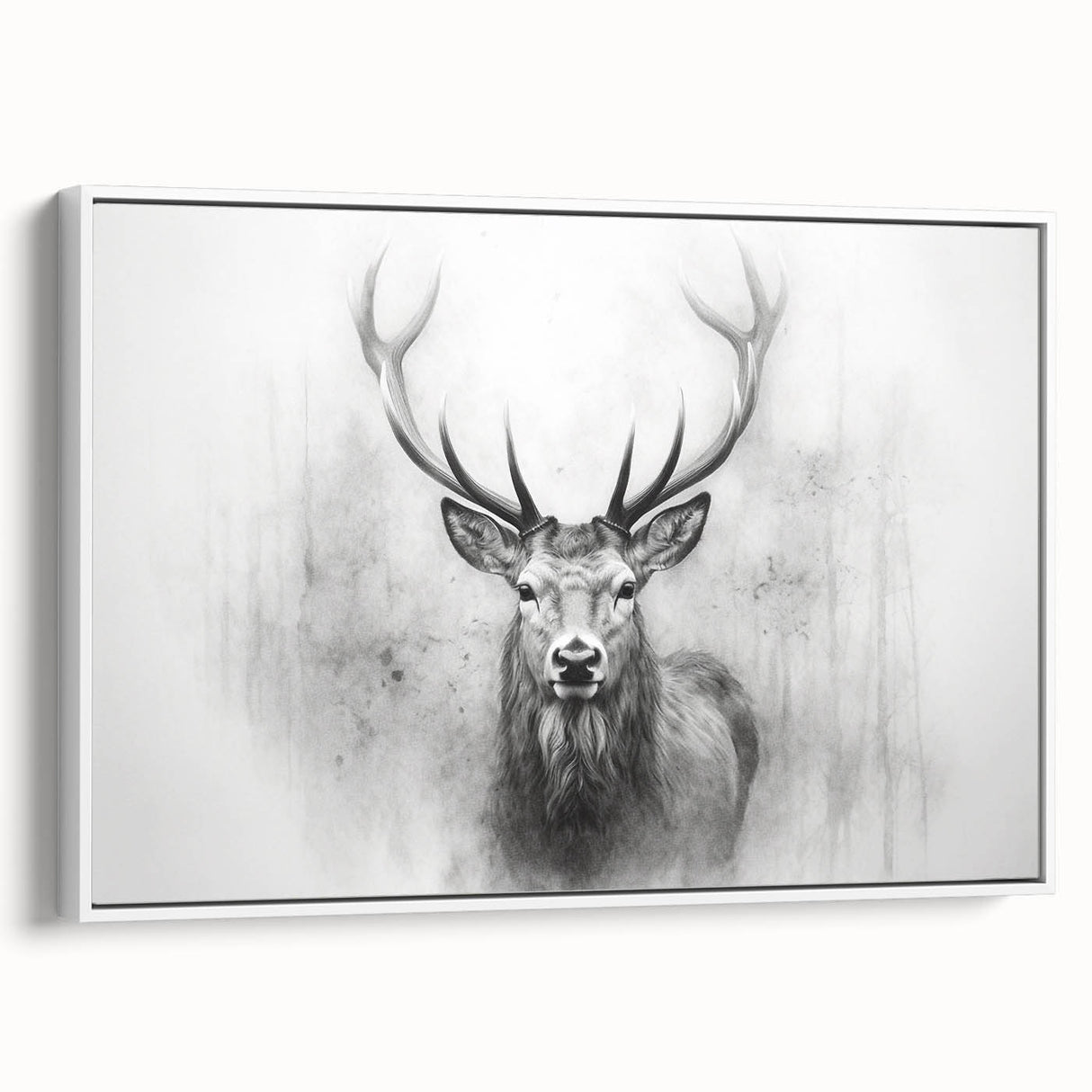 Framed canvas wall art showcasing a serene deer design in a natural setting, featuring a white border. Perfect for enhancing home decor with a touch of wildlife elegance.