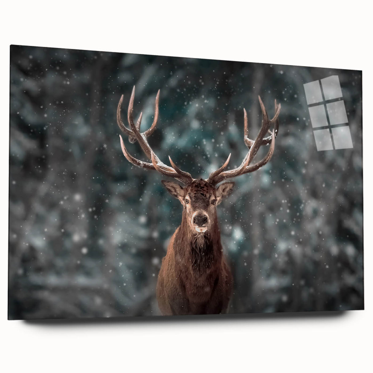 Side view of a deer-themed wall art piece made of acrylic glass, showcasing intricate wildlife design elements and vibrant colors, perfect for nature enthusiasts.