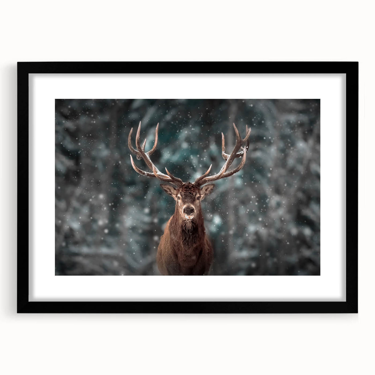 Framed wall art featuring a majestic deer design, elegantly matted in black, showcasing detailed wildlife illustration ideal for home decor enthusiasts.