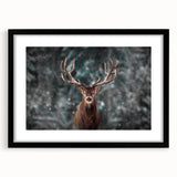 Framed wall art featuring a majestic deer design, elegantly matted in black, showcasing detailed wildlife illustration ideal for home decor enthusiasts.
