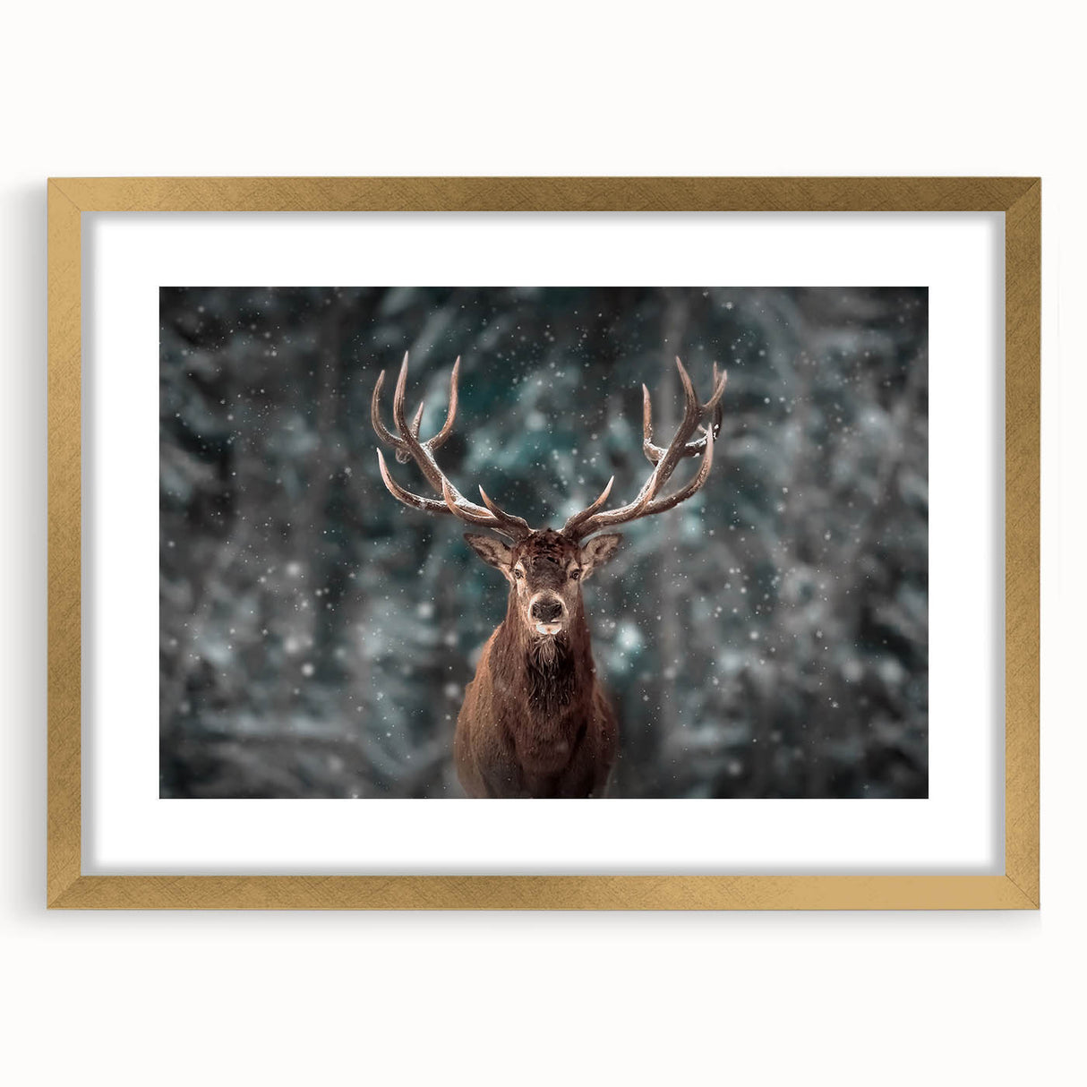 Gold-framed wall art collection featuring a stylish deer design, elegantly matted, showcasing intricate details in a contemporary home decor setting.