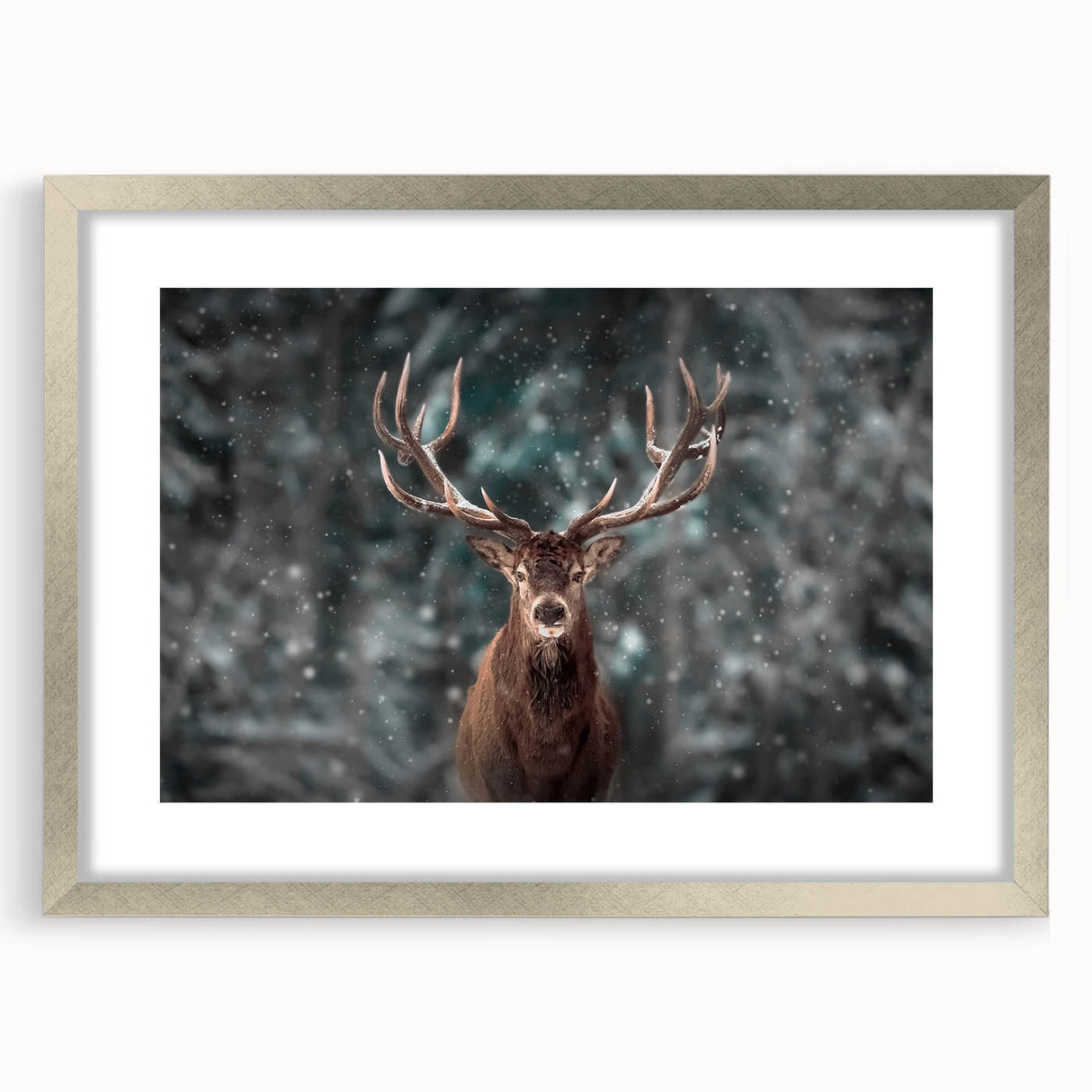 Framed wall art collection featuring a serene deer design, elegantly matted with a silver frame, perfect for enhancing nature-themed decor in living spaces.