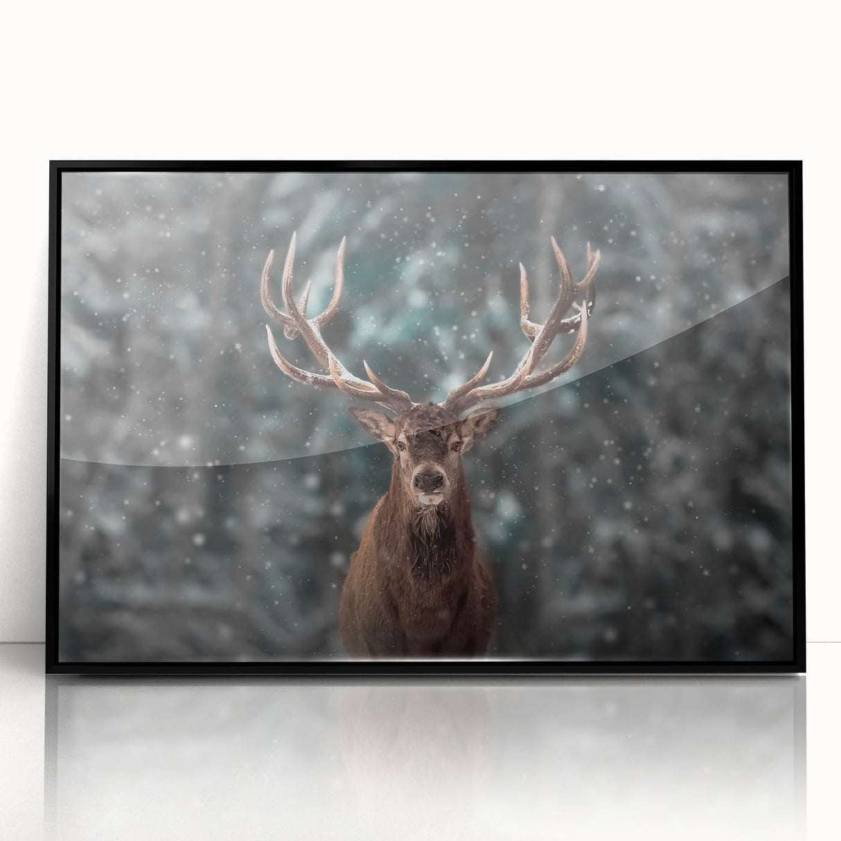 Framed wall art featuring a striking illustration of a deer in a natural setting, showcasing intricate details and a sleek black frame, perfect for wildlife enthusiasts.