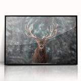 Framed wall art featuring a striking illustration of a deer in a natural setting, showcasing intricate details and a sleek black frame, perfect for wildlife enthusiasts.