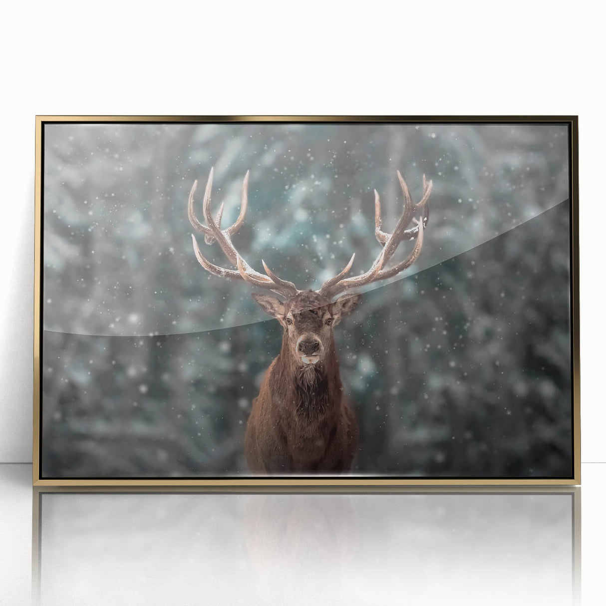 Framed acrylic wall art featuring a striking gold and white deer design, showcasing intricate details and vibrant colors, perfect for nature-inspired decor.