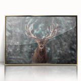 Framed acrylic wall art featuring a striking gold and white deer design, showcasing intricate details and vibrant colors, perfect for nature-inspired decor.