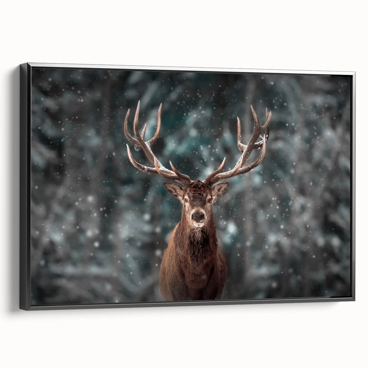 Framed wall art featuring a stylized deer design, showcasing a black canvas with intricate details and textures, perfect for wildlife enthusiasts and home decor.