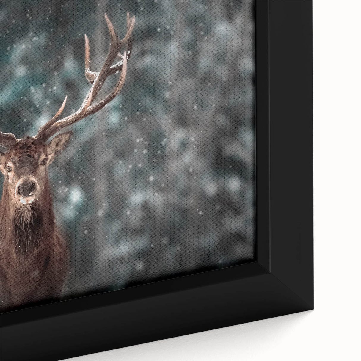 Close-up of a beautifully framed canvas wall art showcasing a majestic deer in a tranquil forest setting, featuring rich colors and intricate details, ideal for wildlife enthusiasts.