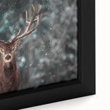 Close-up of a beautifully framed canvas wall art showcasing a majestic deer in a tranquil forest setting, featuring rich colors and intricate details, ideal for wildlife enthusiasts.