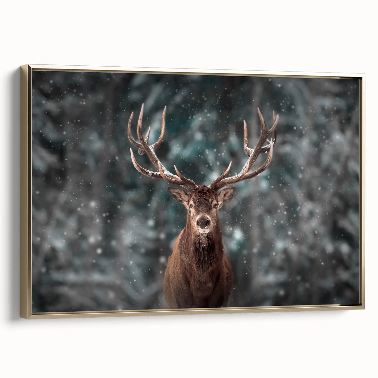 Framed wall art canvas featuring a majestic deer in a serene forest setting, highlighted by a gold frame, perfect for nature-themed home decor and animal lovers.