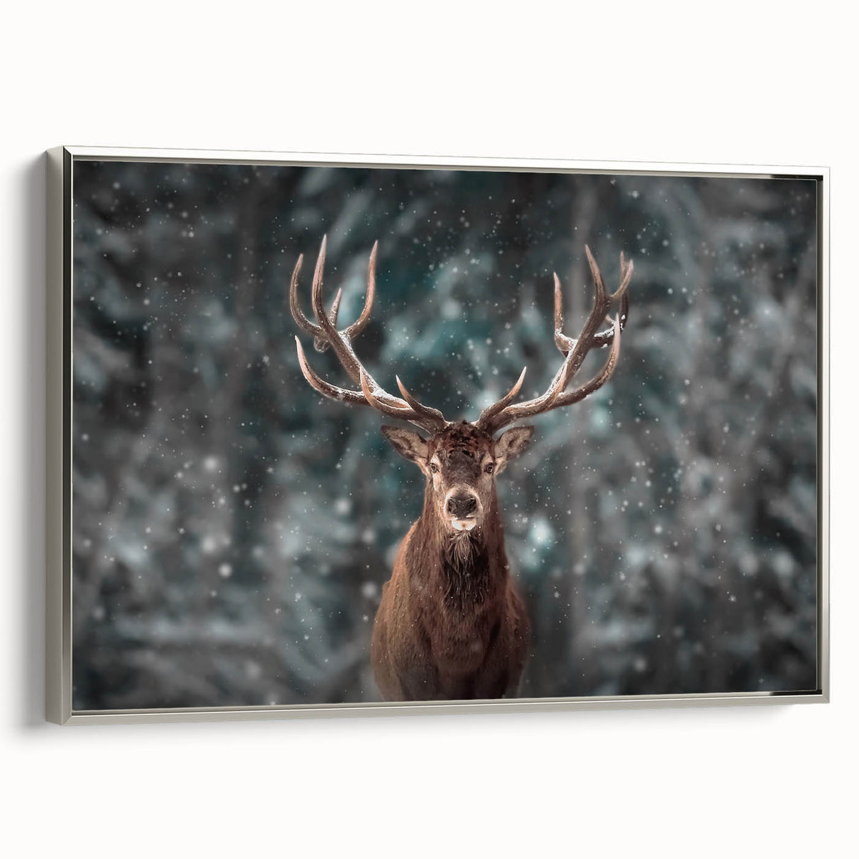 Framed wall art featuring a silver deer design in a serene woodland setting, showcasing intricate details and elegant colors, perfect for nature-themed decor.