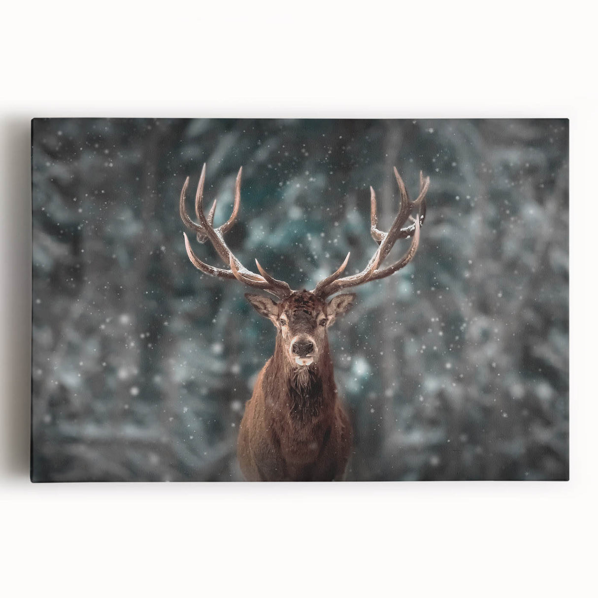 Stretched canvas wall art showcasing a majestic deer in a serene forest setting, featuring vibrant colors and intricate details, perfect for nature lovers’ decor.