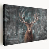 Stretched canvas wall art featuring a serene side view of a majestic deer in a natural setting, showcasing earthy tones and intricate details, perfect for wildlife enthusiasts.