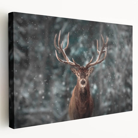 Stretched canvas wall art featuring a serene side view of a majestic deer in a natural setting, showcasing earthy tones and intricate details, perfect for wildlife enthusiasts.