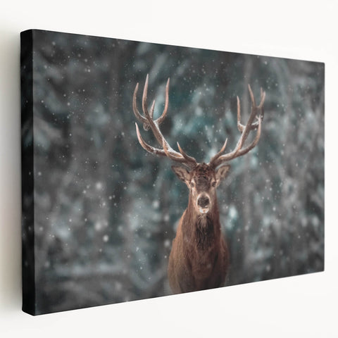Stretched canvas wall art featuring a serene side view of a majestic deer in a natural setting, showcasing earthy tones and intricate details, perfect for wildlife enthusiasts.