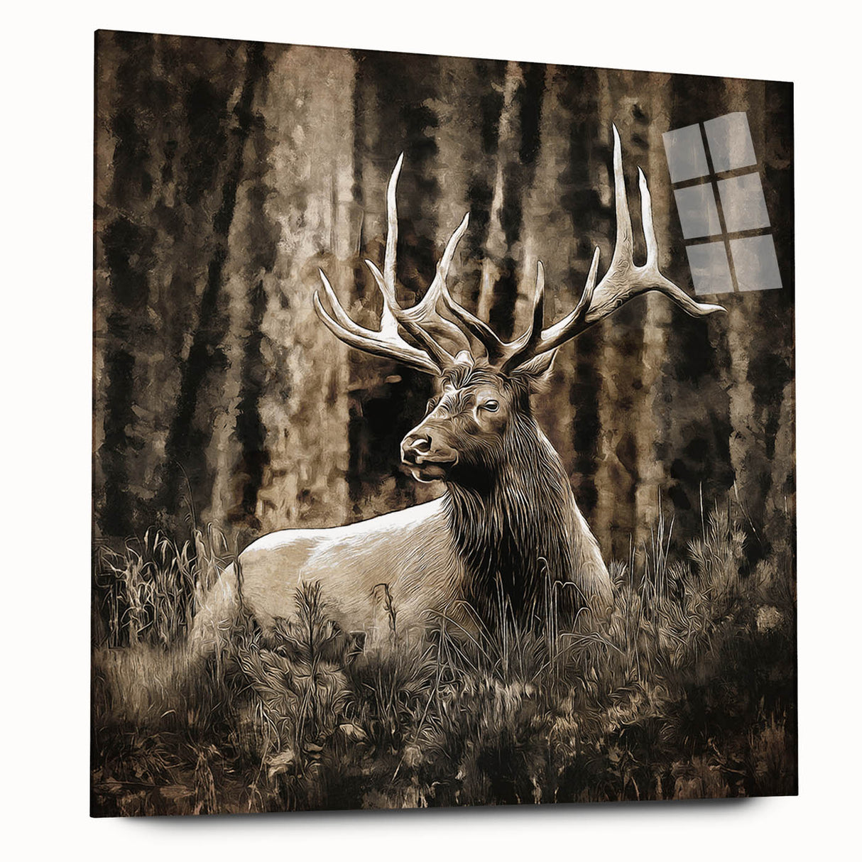 Side view of a deer-themed wall art collection printed on acrylic glass, showcasing intricate wildlife designs with vibrant colors, perfect for nature enthusiasts' decor.